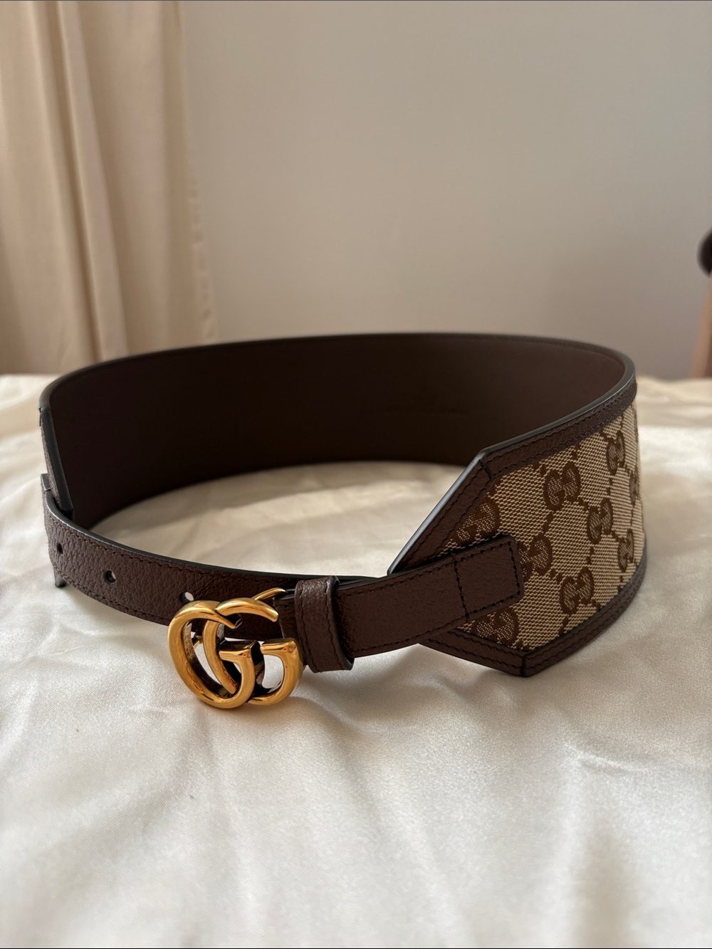 NEW Gucci Brown Canvas & Leather Belt with Gold Double G Ring Buckle